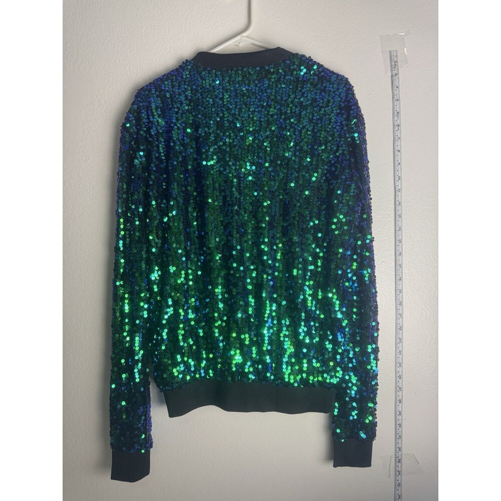 Anna-Kaci Green Blue Sequin Bomber Jacket Women’s Medium Sparkly Zip - Picture 2 of 5
